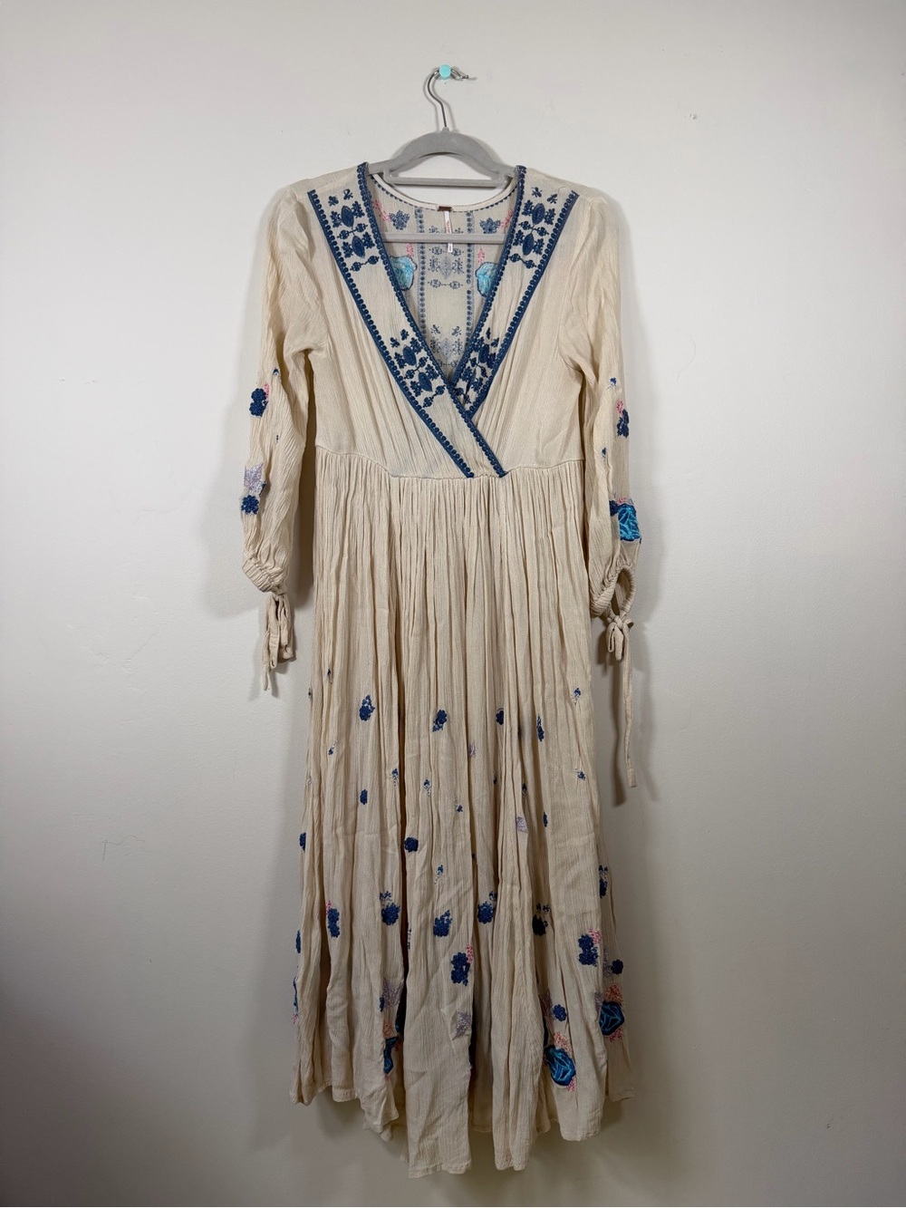 Free People Cream Maxi Dress with Blue Embroidery